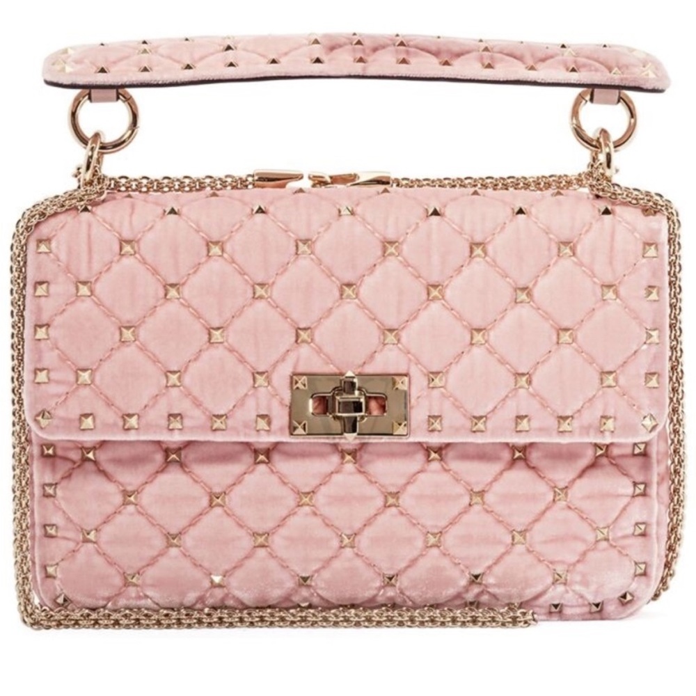 Valentino Garavani Pink Velvet Rockstud Shoulder Bag Pre-Loved with Dustbag
